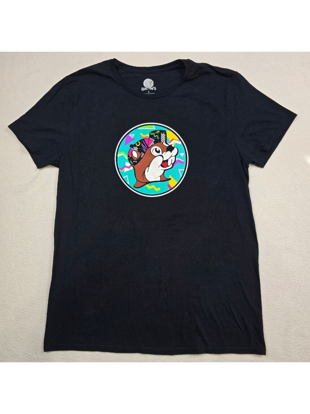 Buc ees Large Retro 80s 90s T-Shirt Black Neon Buc-ee Says Relax Tee